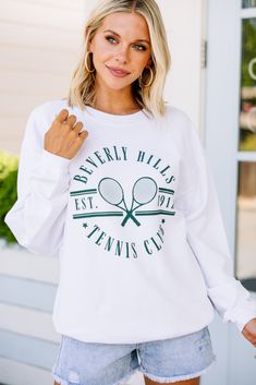 trendy graphic sweatshirt Tennis Club Sweatshirt, Preppy Vintage, Tennis Club, Comfy Leggings, Floral Cocktail Dress, Club Sweatshirts, Tennis Clubs, Black Tie Dress, Long Sleeve Outerwear