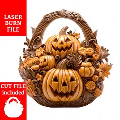 carved pumpkins and flowers in a basket with laser burn file cut files included for cutting