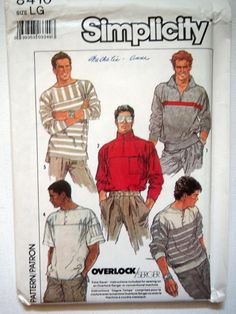 an image of men's clothing sewing pattern from the 1990s, including shirts and shorts