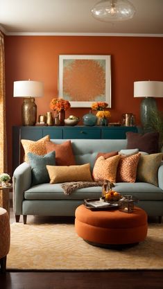 a living room with orange walls and blue couch in the center, surrounded by colorful pillows