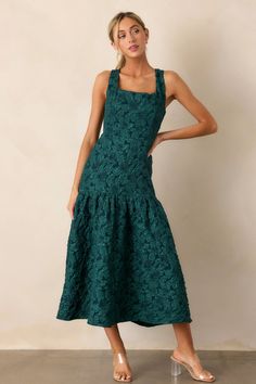 Jacquard Green Drop Waist Midi Dress - All Dresses | Red Dress Halter Bridesmaid Dress, Rush Dresses, Design Square, Dress Bra, Jacquard Pattern, Jacquard Dress, Black Dresses Casual, Little White Dresses, Inner Beauty