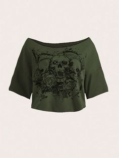 Army Green Casual Collar Half Sleeve Fabric Halloween  Embellished High Stretch  Women Clothing Prints For T Shirts Graphic Tees, Grunge Clothing Brands, Grunge Clothes Women, Green Shirts Aesthetic, Dream Clothes Grunge, Cute Shein Shirts, Fall Clothes Grunge, Short Sleeve Over Long Sleeve, Oversized Grunge Tshirt