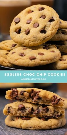 chocolate chip cookies stacked on top of each other with the words eggless choc chip cookies