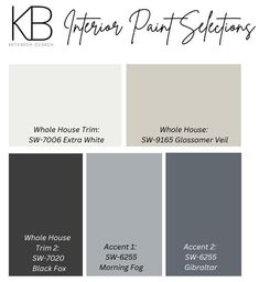 the color scheme for an interior paint swatch with white, gray and black accents