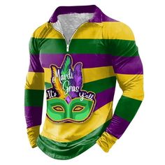 the mardi gras striped shirt has a mask on it