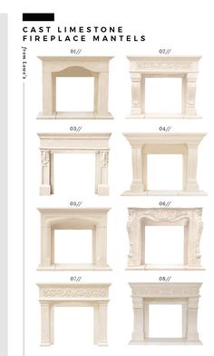 fireplace mantels are shown in different sizes and shapes, with the measurements for each piece