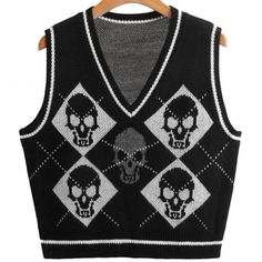 Nip Skull & Argyle Pattern Sweater Vest Black/White. Argyle Vest, Argyle Print, Egirl Clothes, Skull Sweater, Crop Pullover, Girl Sleeves, Knit Sweater Vest, E Girl, Sweater Vest Women