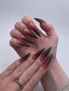 Long Black Nails Design, Black And Red Sharp Nails, Vampire Press On Nails, Vampire Stiletto Nails, Nail Stiletto Design, Stilleto Nails Red, Nails Alternative Style, Sleep Token Nails, Gothic Nails Coffin