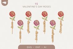 valentine's day roses are shown in different colors and sizes, with the word love spelled