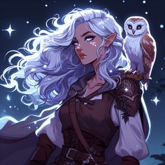 a woman with white hair and an owl perched on her arm, in front of the night sky