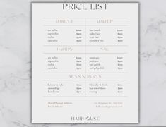 the price list for hair products on a marble counter top with text overlaying it