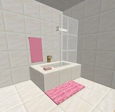 a white bathroom with pink rugs on the floor and tile walls in front of it