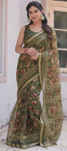 Green color Saree in Kota Doria Silk fabric with Floral, Printed work Kota Sarees Blouse Designs, Green Color Saree, Party Wear Traditional, Kurta Pajama Men, Kaftan Tops, Bollywood Bridal, Kota Silk Saree, Kota Sarees, Wedding Sherwani