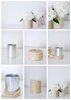 the steps to make rope wrapped vases with flowers in them are easy and fun