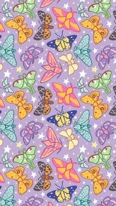 colorful butterflies and stars on a purple background