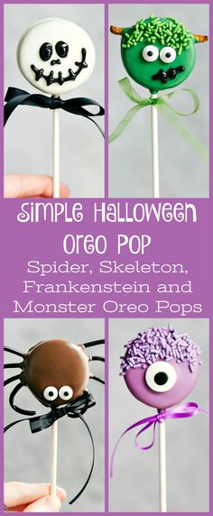 halloween oreo pops with spider, skeleton and monster faces on them in different colors