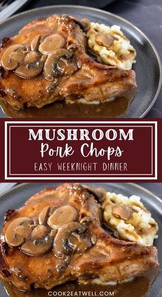 mushroom pork chops with mashed potatoes and gravy on a black plate