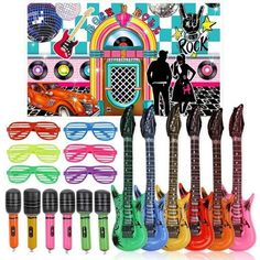 an assortment of musical instruments and sunglasses