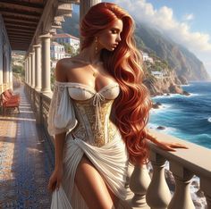 a painting of a woman with long red hair standing on a balcony next to the ocean