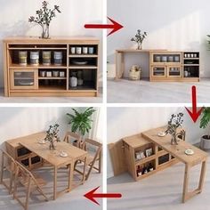 four different views of a dining room table and chairs with open shelves on each side