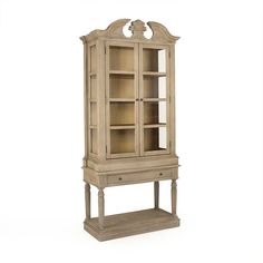 a wooden cabinet with glass doors and shelves on the front, in an antique style