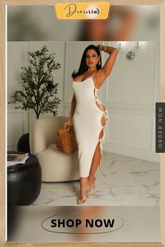 Solid Color Side Cut Out Lace Up Bodycon Dress Vacation Bodycon Knee-length Dress, Vacation Knee-length Bodycon Dress, Lace Up Bodycon Dress, Side Cuts, 1 Million, Cut Out, Bodycon Dress, Lace Up, Solid Color