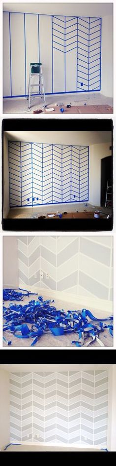 three pictures showing different stages of painting the walls in an empty room with blue and white paint