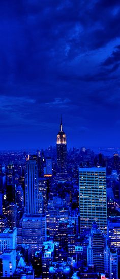 the city skyline is lit up at night, with skyscrapers in the foreground