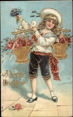 an old fashioned new year card with a boy holding flowers