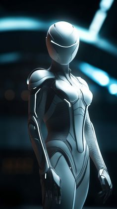 a futuristic woman standing in the dark