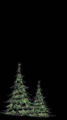 three christmas trees with lights on them against a black background