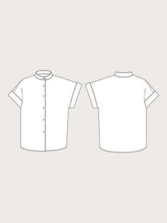 the front and back view of a white shirt with short sleeves, on a gray background