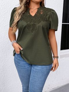 Army Green Casual Collar Short Sleeve Woven Fabric Plain Top Embellished Non-Stretch  Women Plus Clothing Plain Tops, Plus Size Summer, Puff Sleeve Blouse, Lace Panelled, Plus Size Blouses, Kids Beachwear, Plus Size Tops, Plus Clothing, Army Green