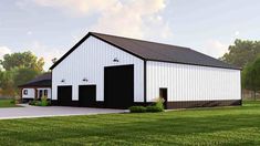 an artist's rendering of a large white barn with black doors on the front