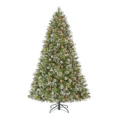 a christmas tree with white and red decorations on it's top, is shown in front of a white background