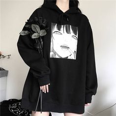 Punk Hoodie, Black And White Hoodies, Harajuku Hoodie, Harajuku Sweatshirt, Aesthetic Clothing Stores, Harajuku Outfits, Hoodie Streetwear, Oversize Women, Sweatshirts Pattern