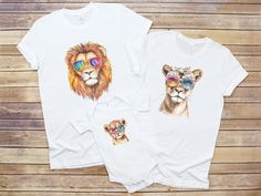 two t - shirts with lions wearing sunglasses on them