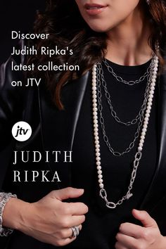 A woman with dark brown hair wearing winter business casual attire and jewelry from Judith Ripka’s collection on JTV.