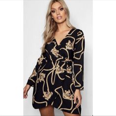 Boohoo Plus Chain Printed Wrap Dress Chain Dress, Boohoo Dresses, Printed Wrap Dresses, Size 16, Wrap Dress, Colorful Dresses, Long Sleeve Dress, Womens Dresses, Chain