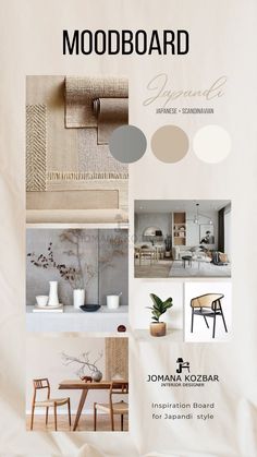 the cover of mood board is shown with different furniture and decor items, including a dining table