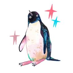 a watercolor painting of a penguin with stars around it's neck and feet