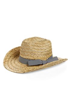 An irresistible cowboy hat is updated in sunny-day straw with a striped grosgrain ribbon. Straw Imported Adjustable Striped Brimmed Straw Hat, Classic Sun Hat For Summer Western-themed Events, Classic Summer Sun Hat For Western-themed Events, Country Style Straw Boater Hat For Spring, Spring Sun Hat With Curved Brim For Western-themed Events, Southern Style Straw Hat With Curved Brim For Summer, Adjustable Striped Straw Hat With Curved Brim, Southern Summer Hats For Country Events, Country Style Straw Hat Bands For Spring