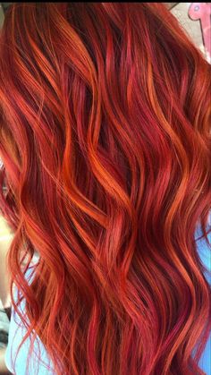 Red With Lowlights, Fire Copper Hair, Orange Hair Highlights, Vibrant Red Hair With Blonde Highlights, Red Hair With Copper Highlights, Different Red Hair Colors, Red Brunette Hair, Fire Ombre Hair, Red Hair Brown Eyes