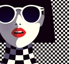 a woman wearing sunglasses and a checkered scarf with red lipstick on her lips is looking at the camera