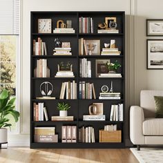 a living room filled with furniture and a book shelf next to a white couch on top of a hard wood floor