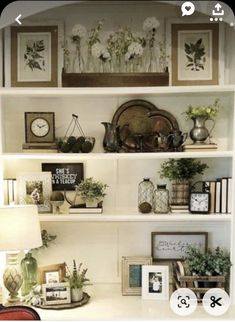 a white book shelf filled with pictures and plants