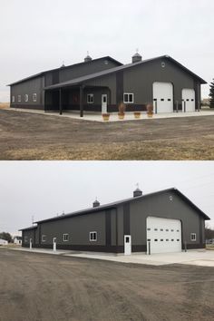 two pictures of a large building with garages on each side and an attached parking lot to the other side