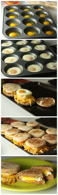 some food is being cooked in pans and on the table with other pictures showing them