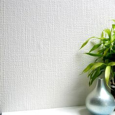 a blue vase sitting on top of a white shelf next to a green potted plant