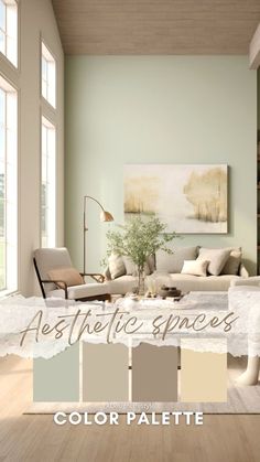 a living room filled with lots of furniture and walls painted in shades of light green